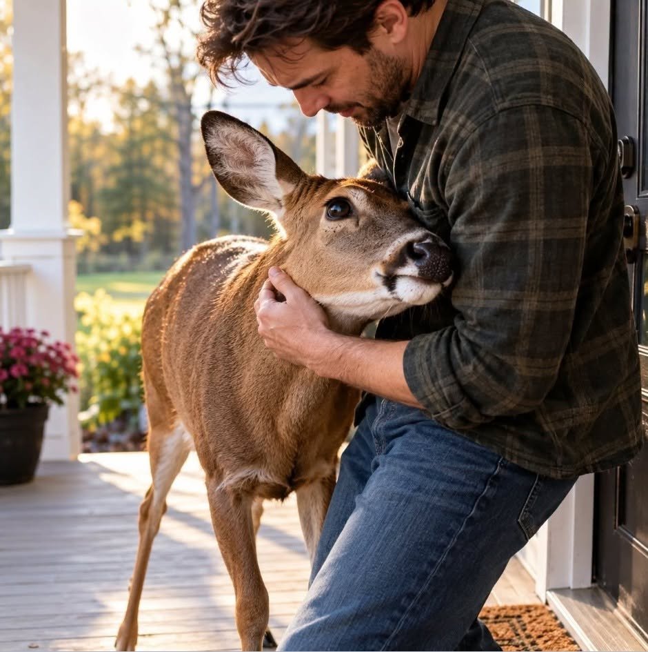 A Wild Doe Stormed Onto My Front Porch and Wouldn’t Leave, No Matter How Many Times I Pushed Her Away—Then My 74-Year-Old Father Followed Her Behind the House, Heard a Tiny Cry Near Our Iron Gate, and Told Me the One Thing I Wasn’t Ready to See