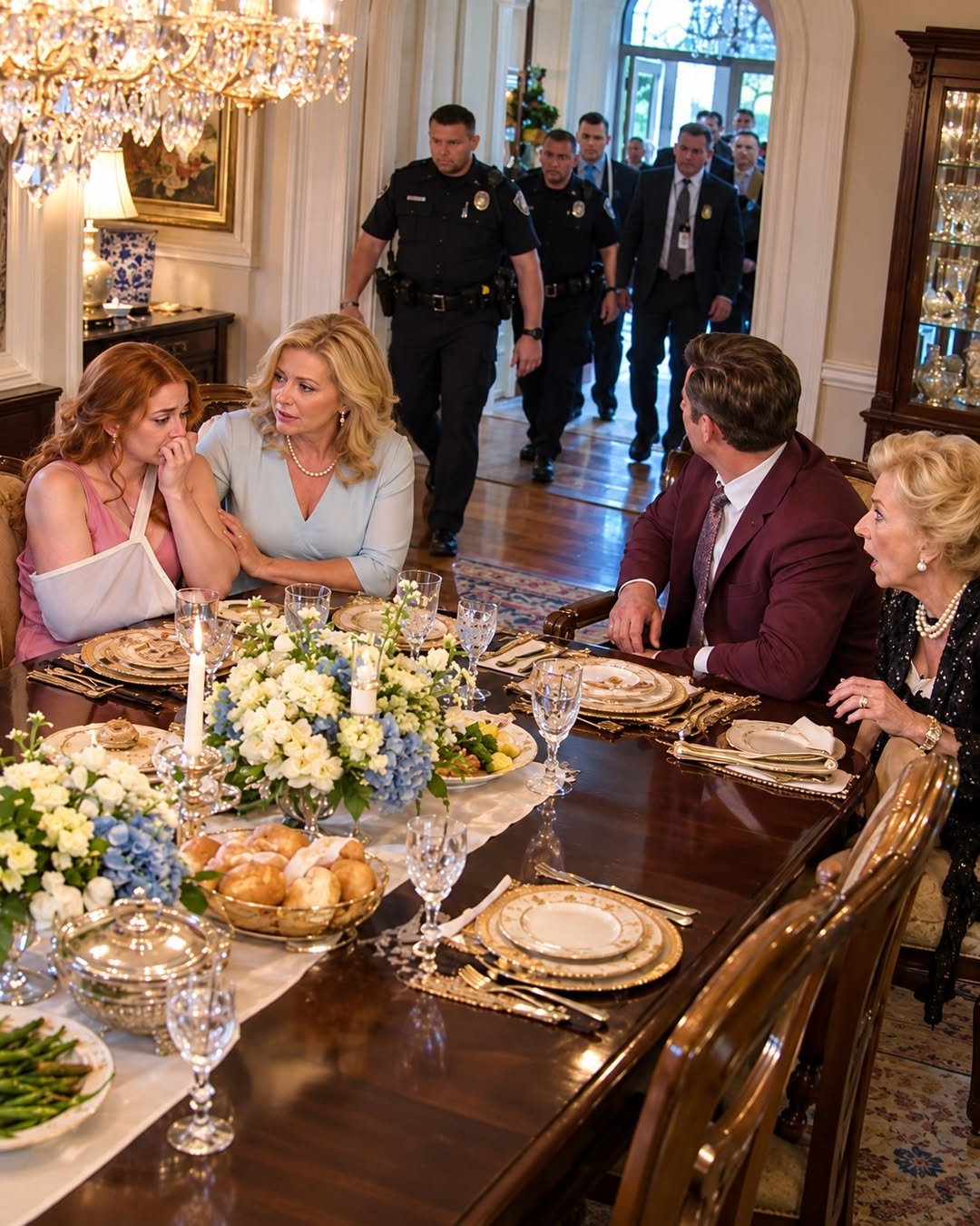 I arrived at my daughter’s house for Sunday dinner and found her struggling to serve the table with one arm locked in a sling. Her mother-in-law chuckled, “My son finally taught her what a real wife is supposed to be.” Her husband leaned back in his chair and added, “She knows the rules now.” I didn’t raise my voice. I simply sat beside my daughter, stayed perfectly calm… and made one quiet phone call.
